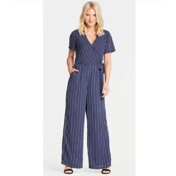 J.O.A. Just One Answer size XS Navy Blue Striped Jumpsuit - Picture 1 of 15
